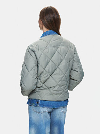 Oversize Kapitone Gömlek Yaka Yeşil Ceket