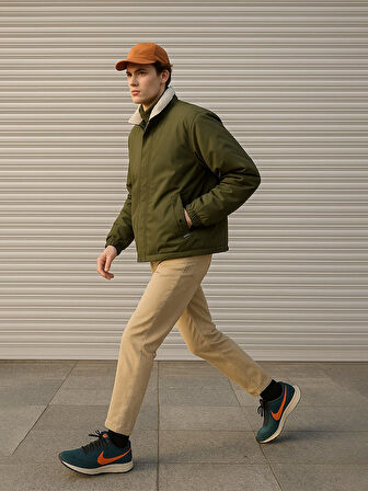 Gömlek Yaka Fermuarlı Cepli Yeşil Mont