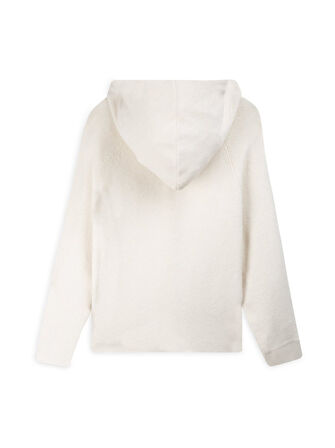 Uzun Kollu Kapüşonlu Triko Beyaz Kazak