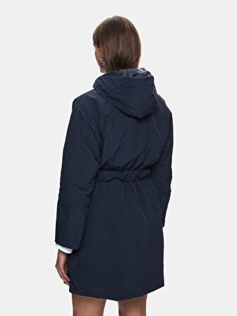 Uzun Kollu Beli Lastikli Kapüşonlu Lacivert Mont