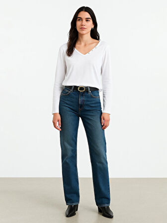 Uzun Kollu V Yaka Basic Beyaz Sweatshırt