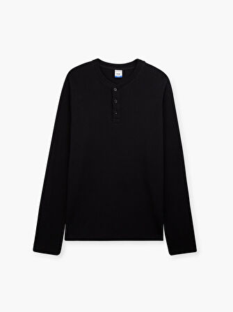 Uzun Kollu Önü Düğmeli Siyah Sweatshırt