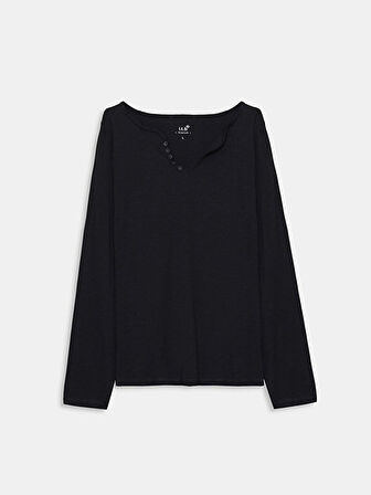 Uzun Kollu V Yaka Önü Düğmeli Basıc Siyah Sweatshırt