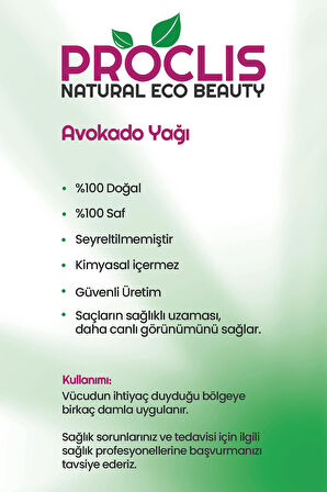 PROCLİS Soğuk Sıkım Avokado Yağı, %100 Doğal Bitkisel Sabit Yağ, Avocado Oil 10ml