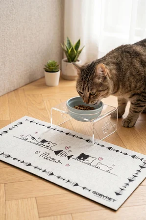 Tekli Dekoratif Kedi Ve Küçük Irk Köpekler İçin Mama Veya Su Kabı Paspas Hediyeli