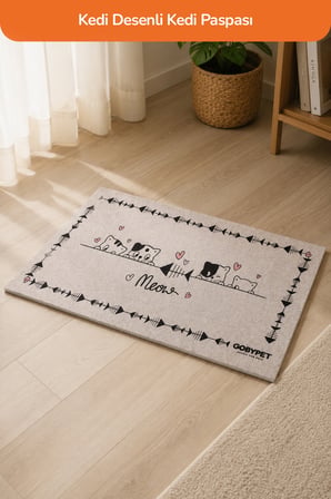Sevimli Kedi Desenli Kedi Mama ve Su Kabı Altı Paspası 53x31 cm