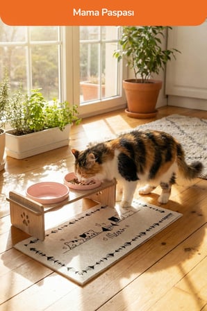 Sevimli Kedi Desenli Kedi Mama ve Su Kabı Altı Paspası 53x31 cm