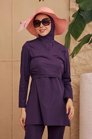 Tam Kapalı Mayo Kruvaze Görünüm Kelebek Model Mor