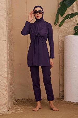 Tam Kapalı Mayo Kruvaze Görünüm Kelebek Model Mor