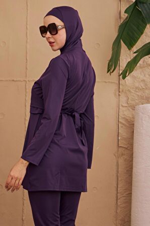 Tam Kapalı Mayo Kruvaze Görünüm Kelebek Model Mor