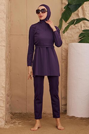 Tam Kapalı Mayo Kruvaze Görünüm Kelebek Model Mor