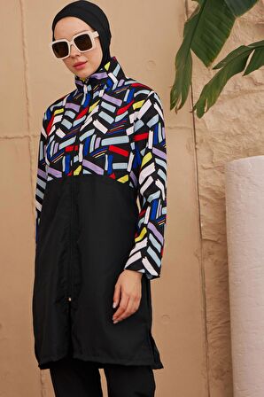 Tesettür Mayo Tamamı Paraşüt Üstü Desenli Siyah