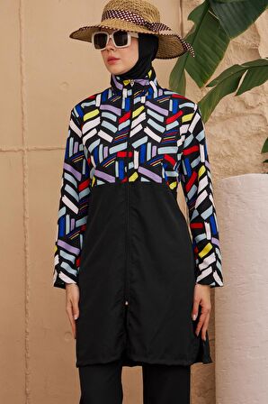 Tesettür Mayo Tamamı Paraşüt Üstü Desenli Siyah