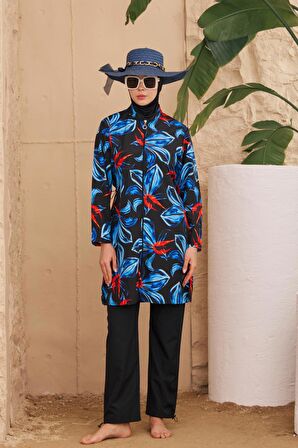 Tesettür Mayo Rahat Kesim Siyah Üzerine Mavi Yaprak