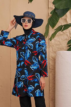 Tesettür Mayo Rahat Kesim Siyah Üzerine Mavi Yaprak