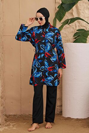 Tesettür Mayo Rahat Kesim Siyah Üzerine Mavi Yaprak