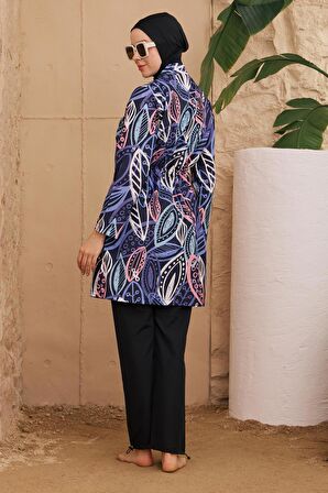 Tesettür Mayo Paraşüt Tam Kapalı Mor Yaprak Desen