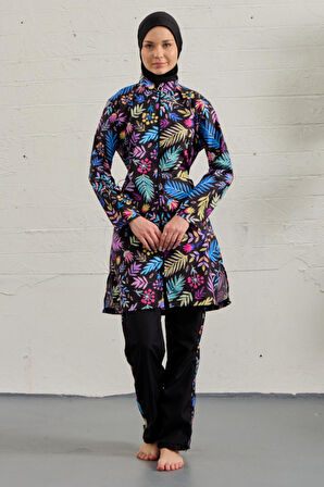 Tam Kapalı Tesettür Mayo Tamamı Paraşüt Siyah Renkli Çiçekler