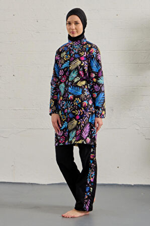 Tam Kapalı Tesettür Mayo Tamamı Paraşüt Siyah Renkli Çiçekler