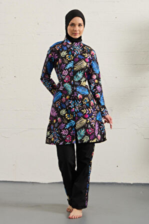 Tam Kapalı Tesettür Mayo Tamamı Paraşüt Siyah Renkli Çiçekler