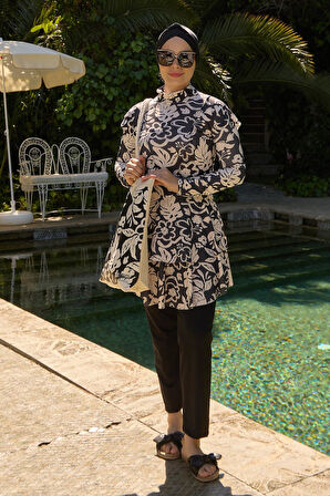 Tam Kapalı Mayo Likralı Fulya Model Beyaz Yaprak Desenli Siyah