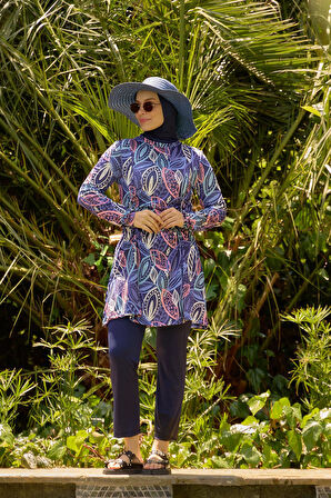 Likralı Tesettür Mayo Mor Yapraklı Büzgülü Model