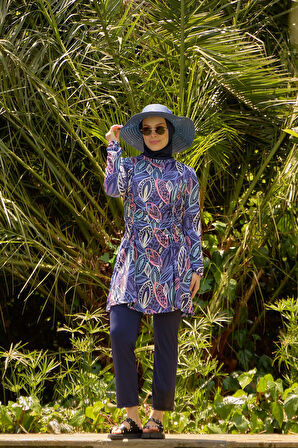 Likralı Tesettür Mayo Mor Yapraklı Büzgülü Model