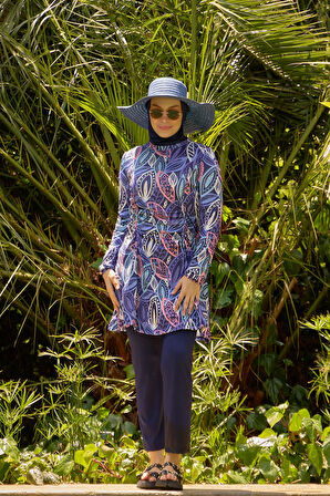 Likralı Tesettür Mayo Mor Yapraklı Büzgülü Model