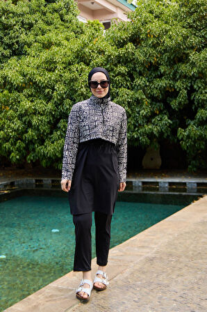 Tesettür Mayo Kapaklı Siyah Afrikan Desen