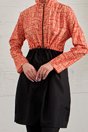 Tesettür Mayo Tamamı Paraşüt Üstü Desenli Turuncu