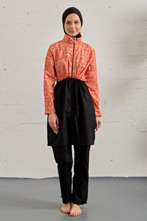 Tesettür Mayo Tamamı Paraşüt Üstü Desenli Turuncu