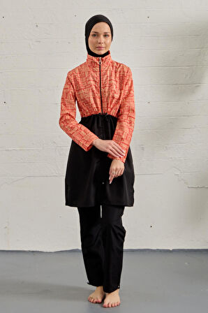 Tesettür Mayo Tamamı Paraşüt Üstü Desenli Turuncu