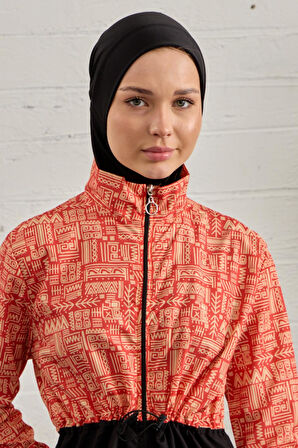 Tesettür Mayo Tamamı Paraşüt Üstü Desenli Turuncu