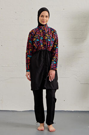 Tesettür Mayo Tamamı Paraşüt Üstü Desenli Siyah Geo