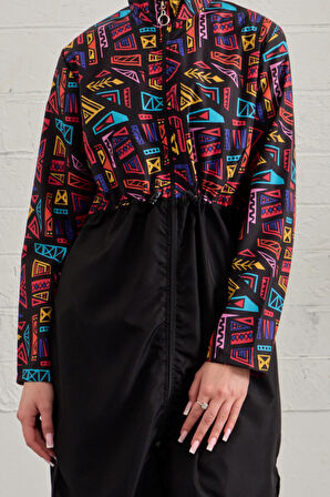 Tesettür Mayo Tamamı Paraşüt Üstü Desenli Siyah Geo