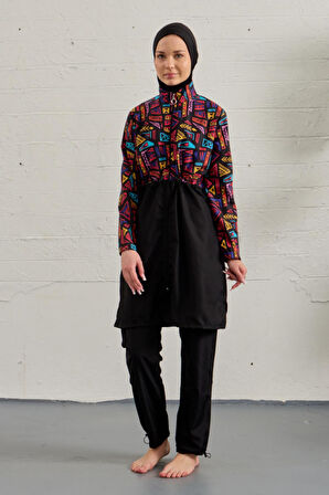 Tesettür Mayo Tamamı Paraşüt Üstü Desenli Siyah Geo