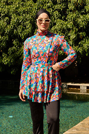 Tam Kapalı Mayo Likralı Fulya Model Ebru Desen Pembe