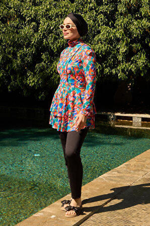 Tam Kapalı Mayo Likralı Fulya Model Ebru Desen Pembe