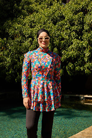 Tam Kapalı Mayo Likralı Fulya Model Ebru Desen Pembe