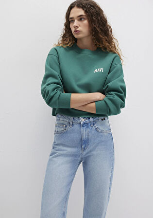 Mavi Logo Baskılı Yeşil Crop Sweatshirt 1611601-71874