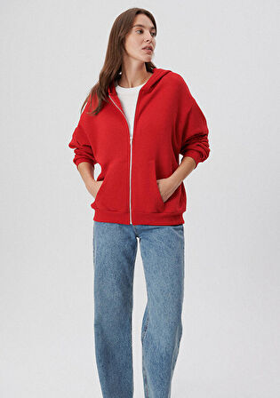 Mavi Fermuarlı Kapüşonlu Kırmızı Basic Sweatshirt 1611775-82054