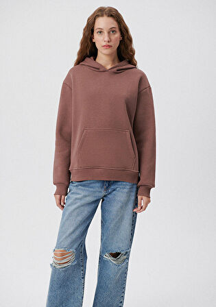 Mavi Kapüşonlu Kahverengi Basic Sweatshirt 167299-70383