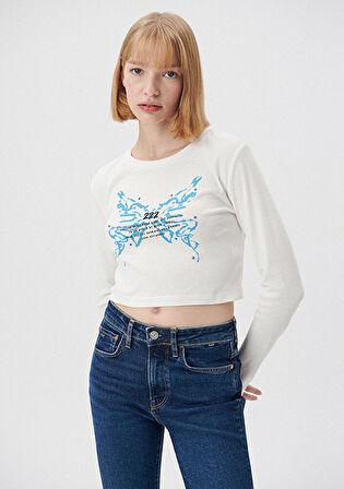 Mavi Baskılı Beyaz Tişört 1612035-70057