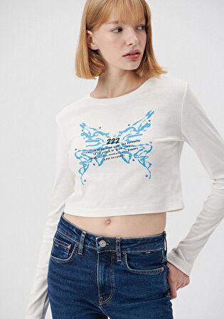 Mavi Baskılı Beyaz Tişört 1612035-70057