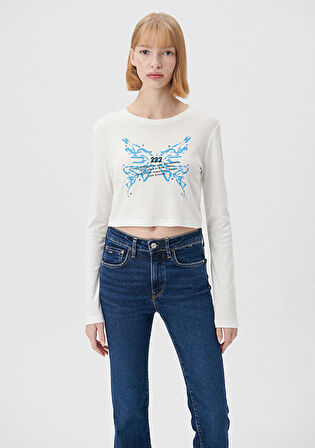 Mavi Baskılı Beyaz Tişört 1612035-70057