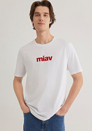 Mavi Miav Baskılı Erkek T-shirt M067153-622 Beyaz