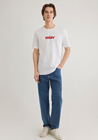 Mavi Miav Baskılı Erkek T-shirt M067153-622 Beyaz