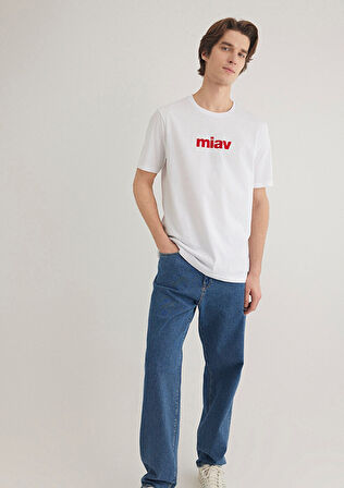 Mavi Miav Baskılı Erkek T-shirt M067153-622 Beyaz