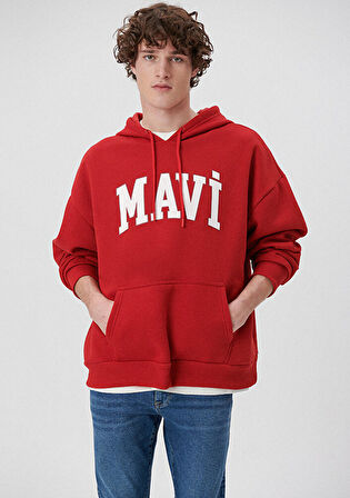 Mavi Logo Baskılı Kapüşonlu Kırmızı Sweatshirt 067149-86417