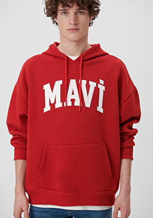 Mavi Logo Baskılı Kapüşonlu Kırmızı Sweatshirt 067149-86417